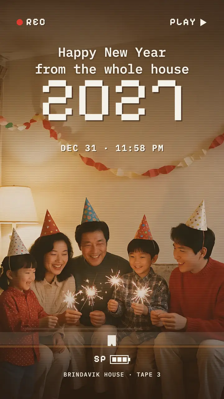 New Year 2027 family greeting story, camcorder tape template
