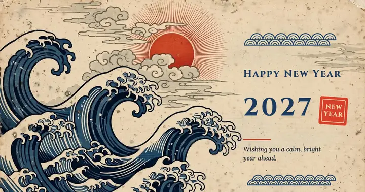 New Year 2027 woodblock greeting post template