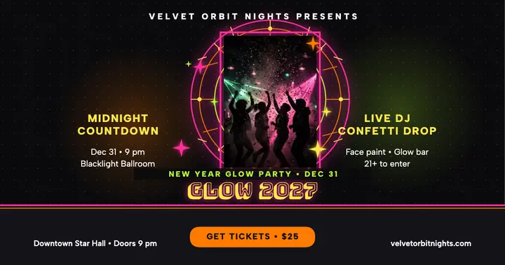 Velvet Orbit Glow Into 2027 party post template
