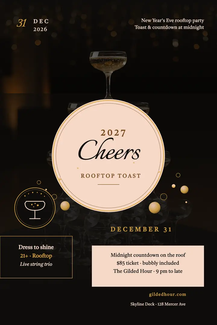 Gilded Hour New Year rooftop toast poster: new year's eve poster template