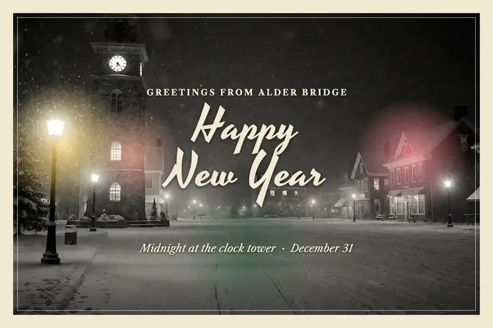 Alder Bridge New Year postcard, hand-tinted photo: new year postcard template