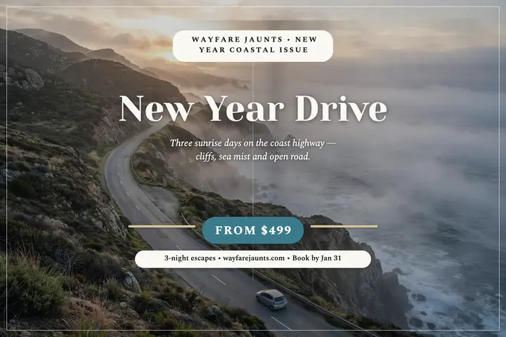 Wayfare Jaunts New Year coastal drive postcard template