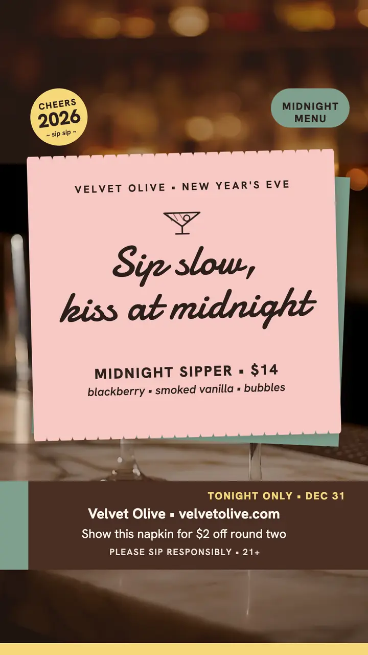 Velvet Olive midnight cocktail napkin story template