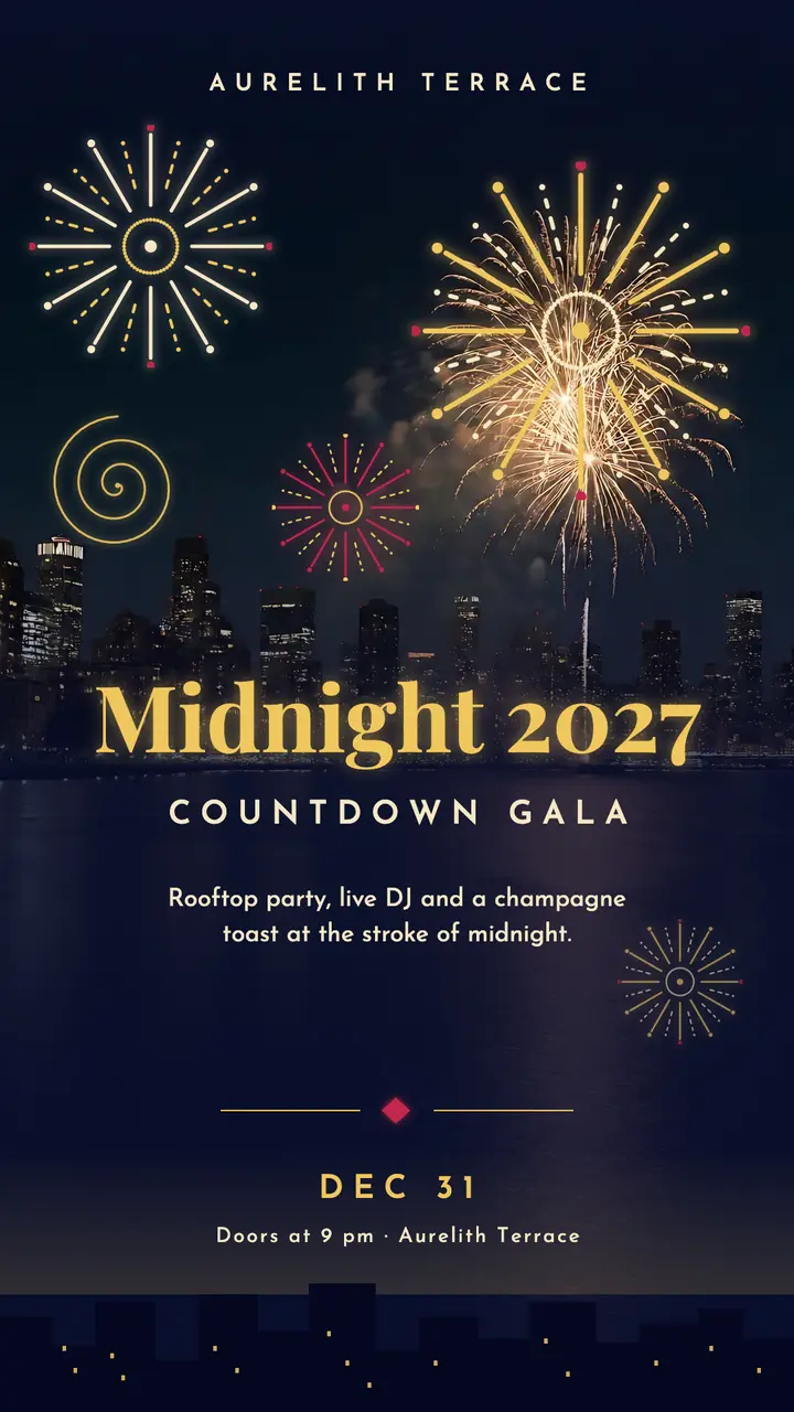 New Year's Eve rooftop countdown story, firework burst: new year's eve party story template