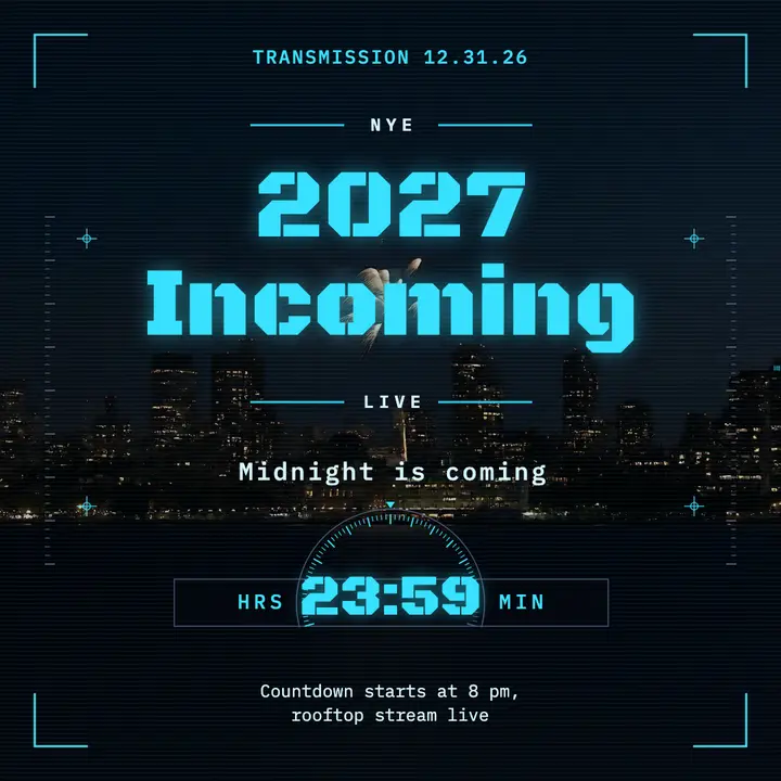 New Year countdown skyline, sci-fi HUD post template