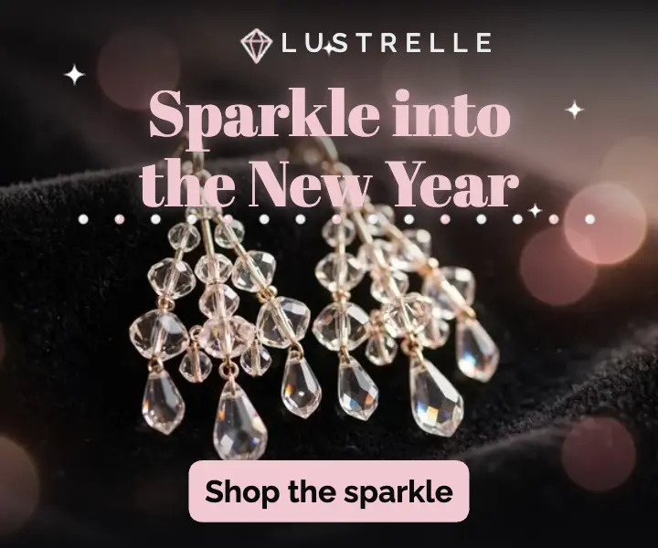 Lustrelle New Year crystal earrings ad, bejeweled serif template