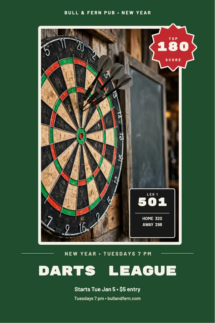 Bull and Fern New Year darts league poster template