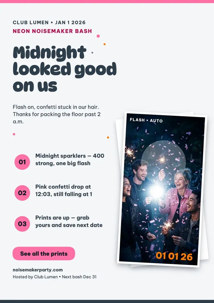 Neon Noisemaker Bash digicam recap flyer template