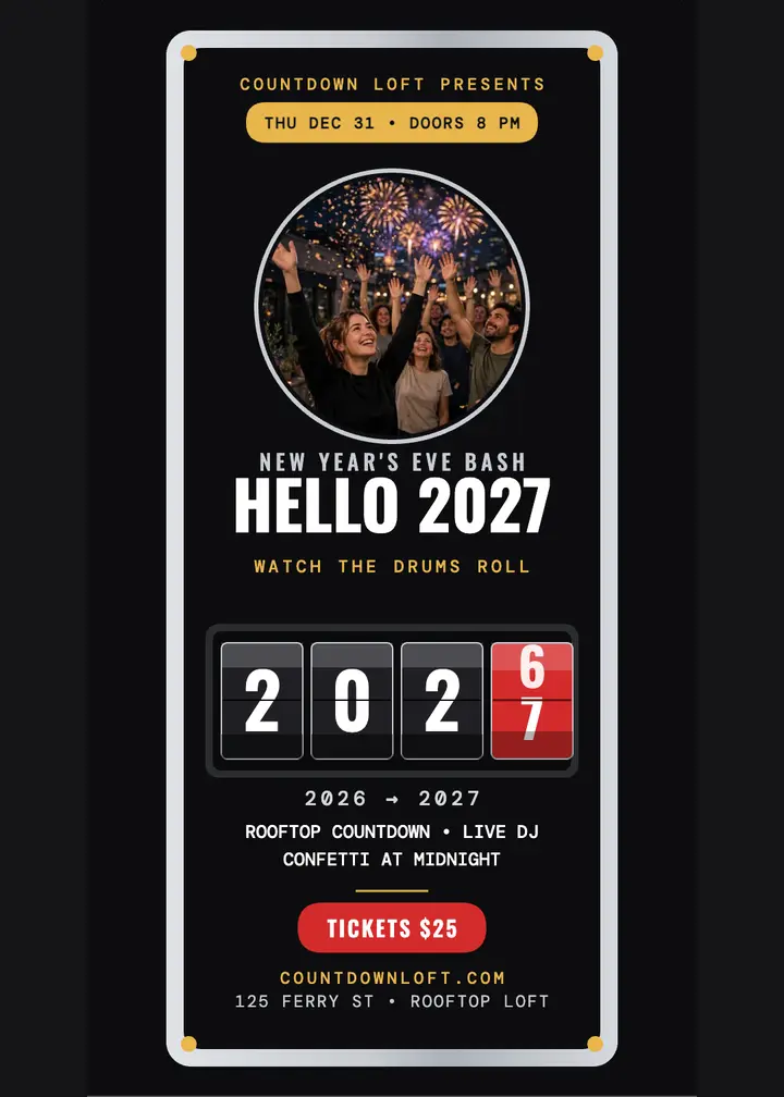 Countdown Loft New Year drum invitation template