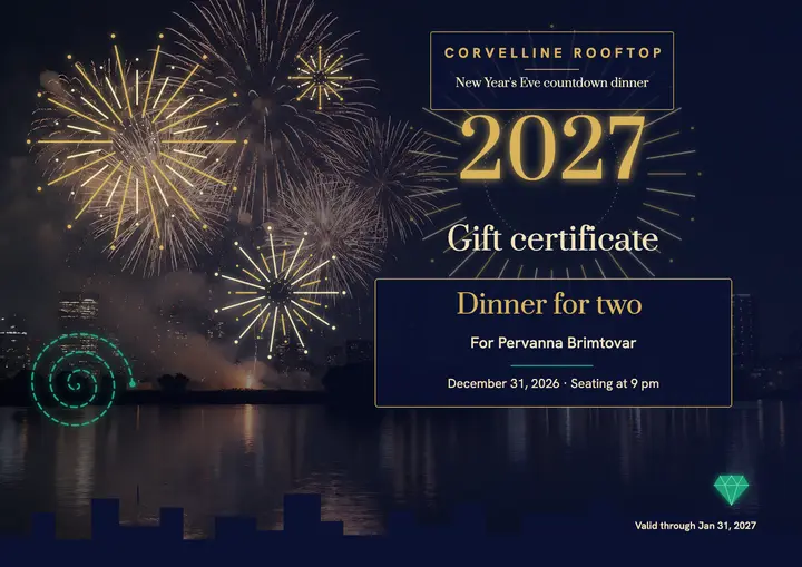 New Year's Eve rooftop dinner gift certificate, firework burst template