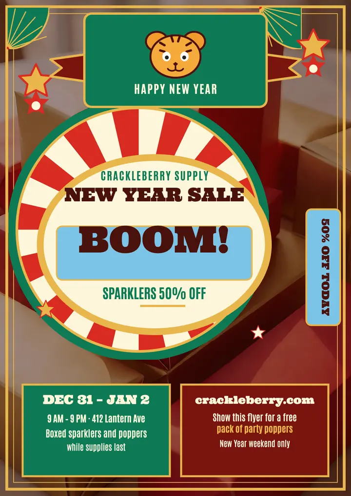 Crackleberry New Year fireworks sale flyer: fireworks sale flyer template