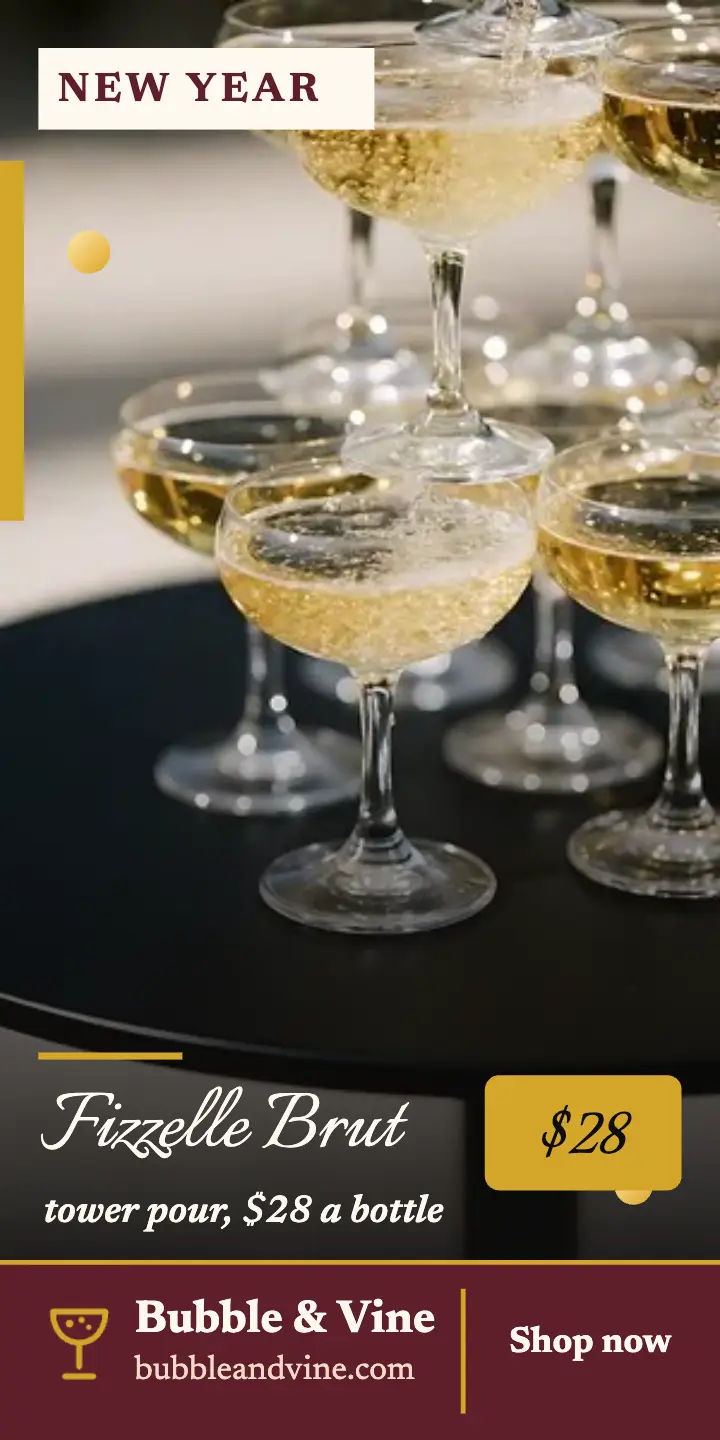 Bubble and Vine New Year fizz half page ad template