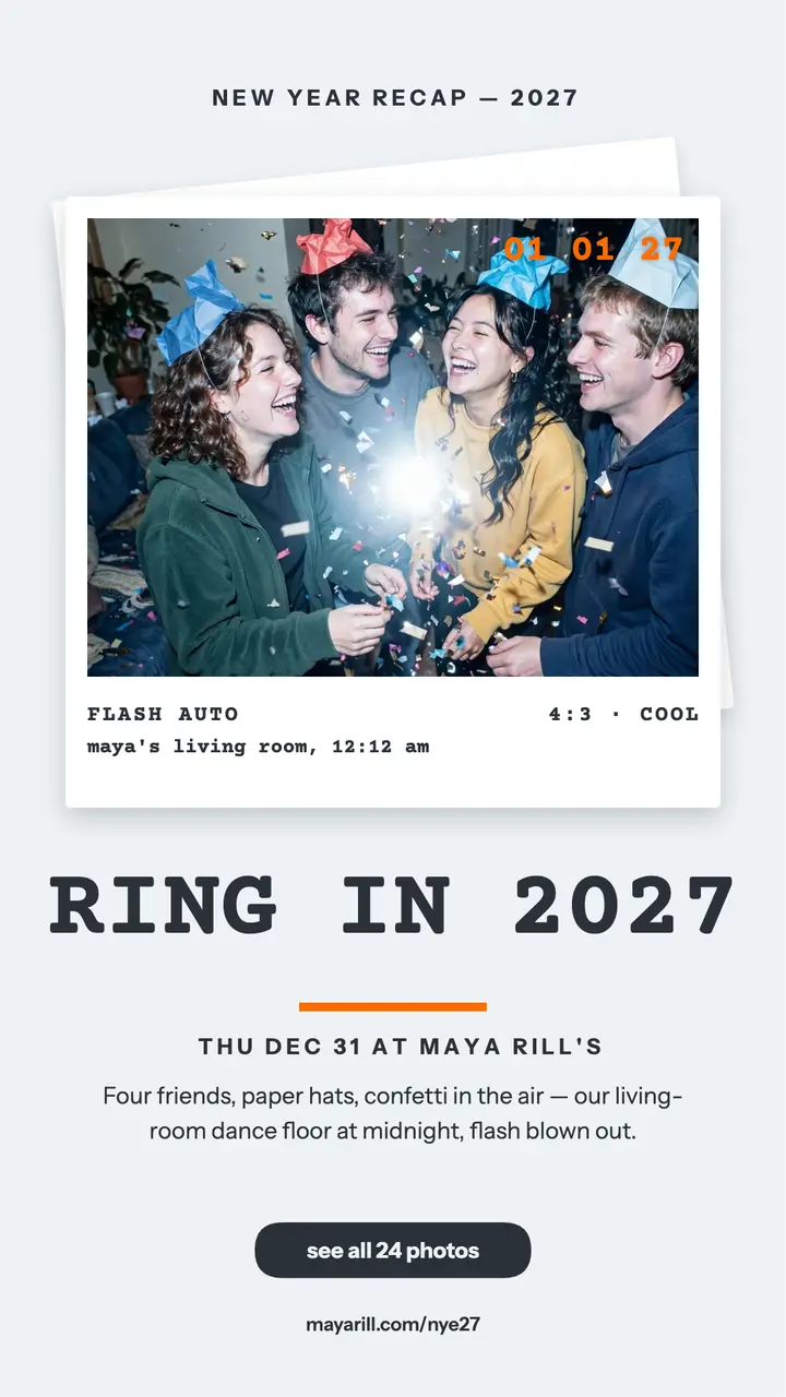 Ring in 2027 flash recap story: new year party recap template