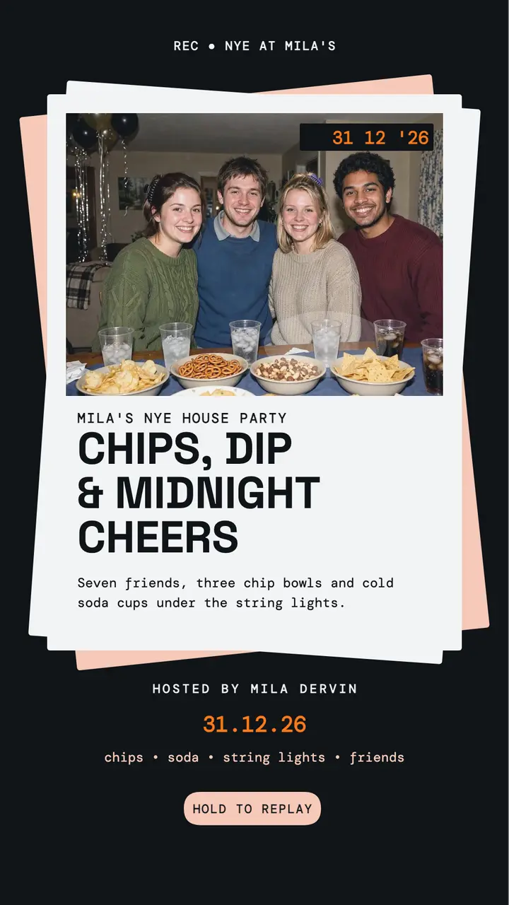 Mila's NYE snack party flash story template