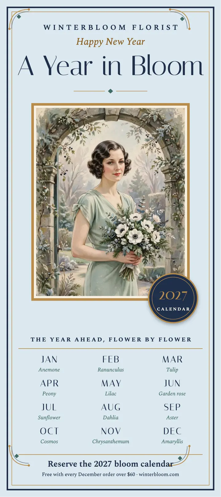 Winterbloom 2027 flower calendar rack card: florist new year rack card template