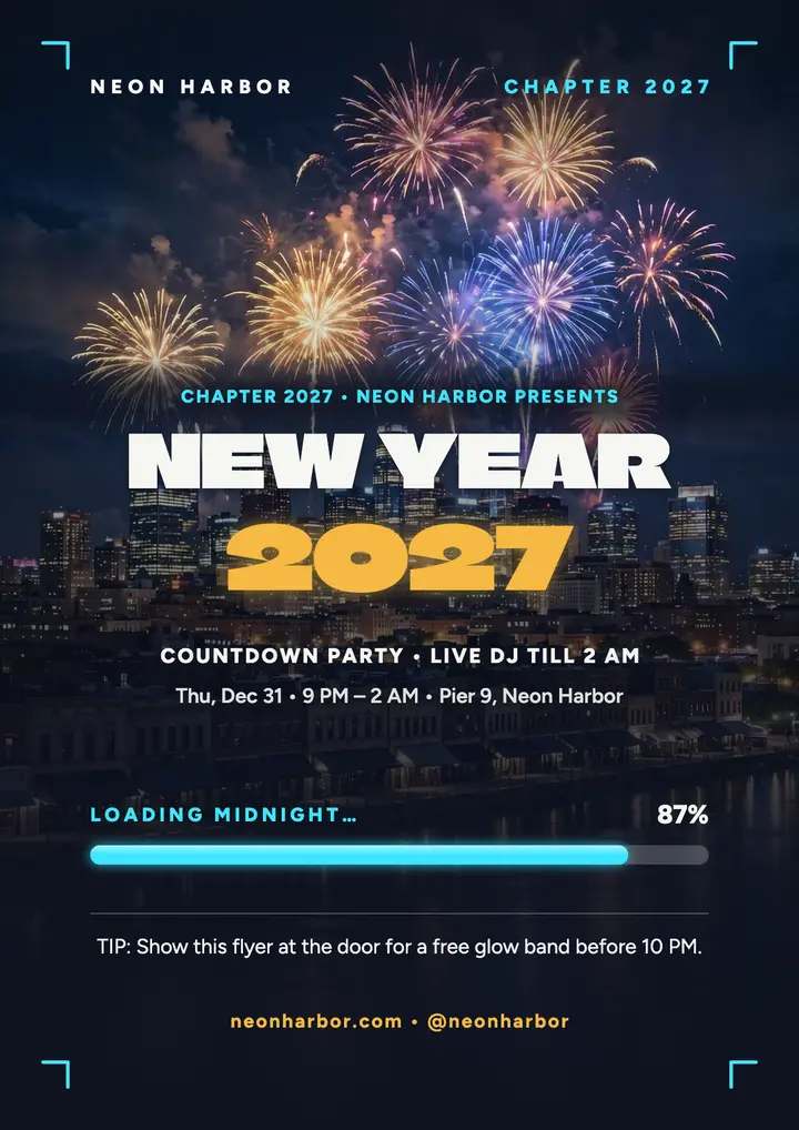 Neon Harbor New Year loading party flyer template