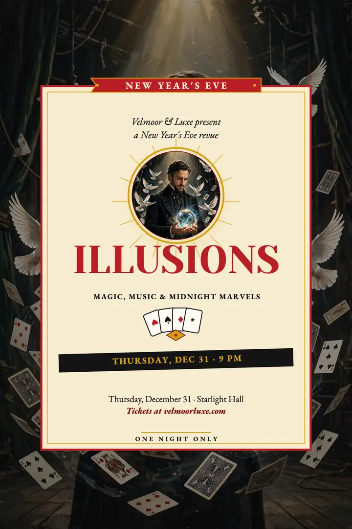 Velmoor and Luxe New Year magic revue poster template