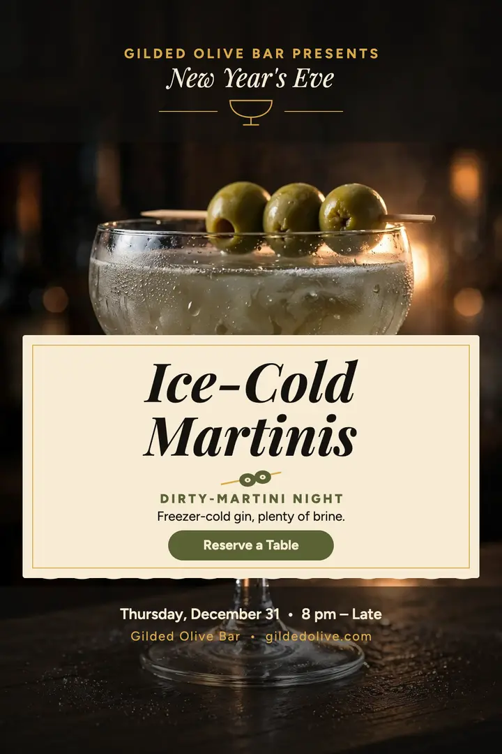 Gilded Olive New Year martini hour poster template