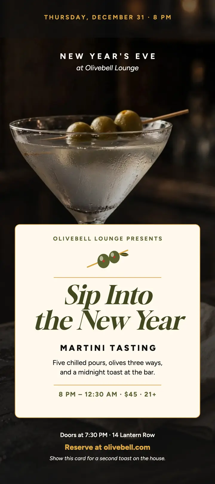 Olivebell martini tasting New Year card template