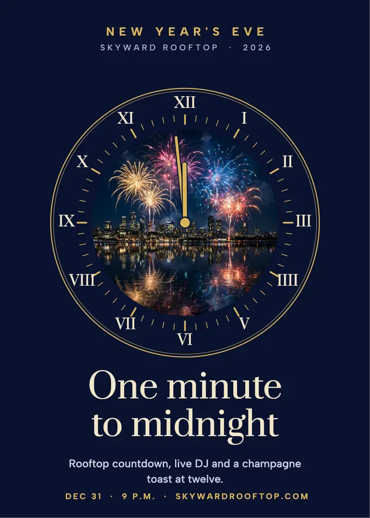 Skyward Rooftop New Year's Eve clock invitation template