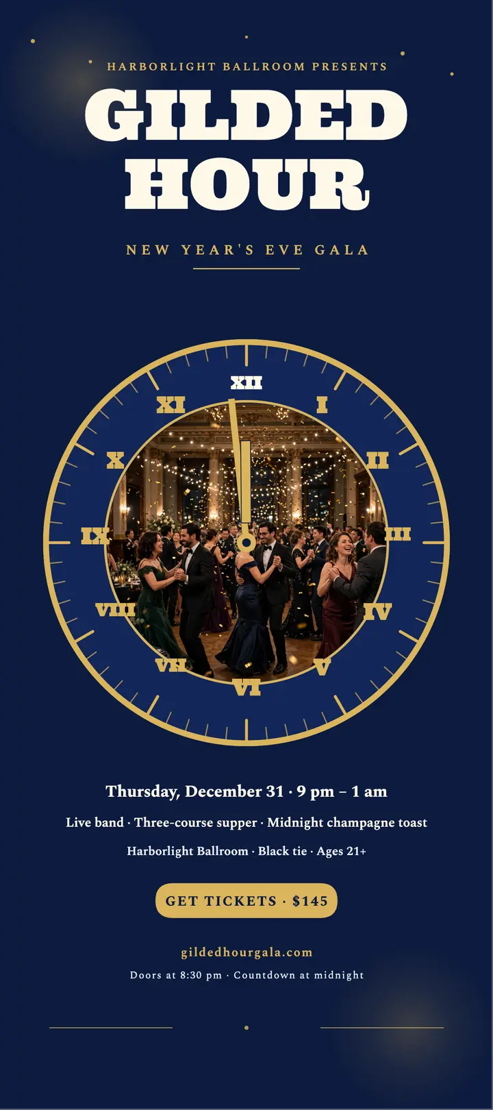 The Gilded Hour Gala midnight rack card: new year gala rack card template