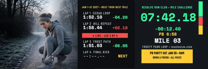 Resolve Run Club mile splits challenge header: new year run header template