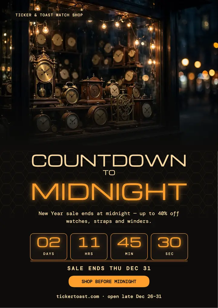 Ticker and Toast New Year countdown sale flyer: new year countdown sale flyer template