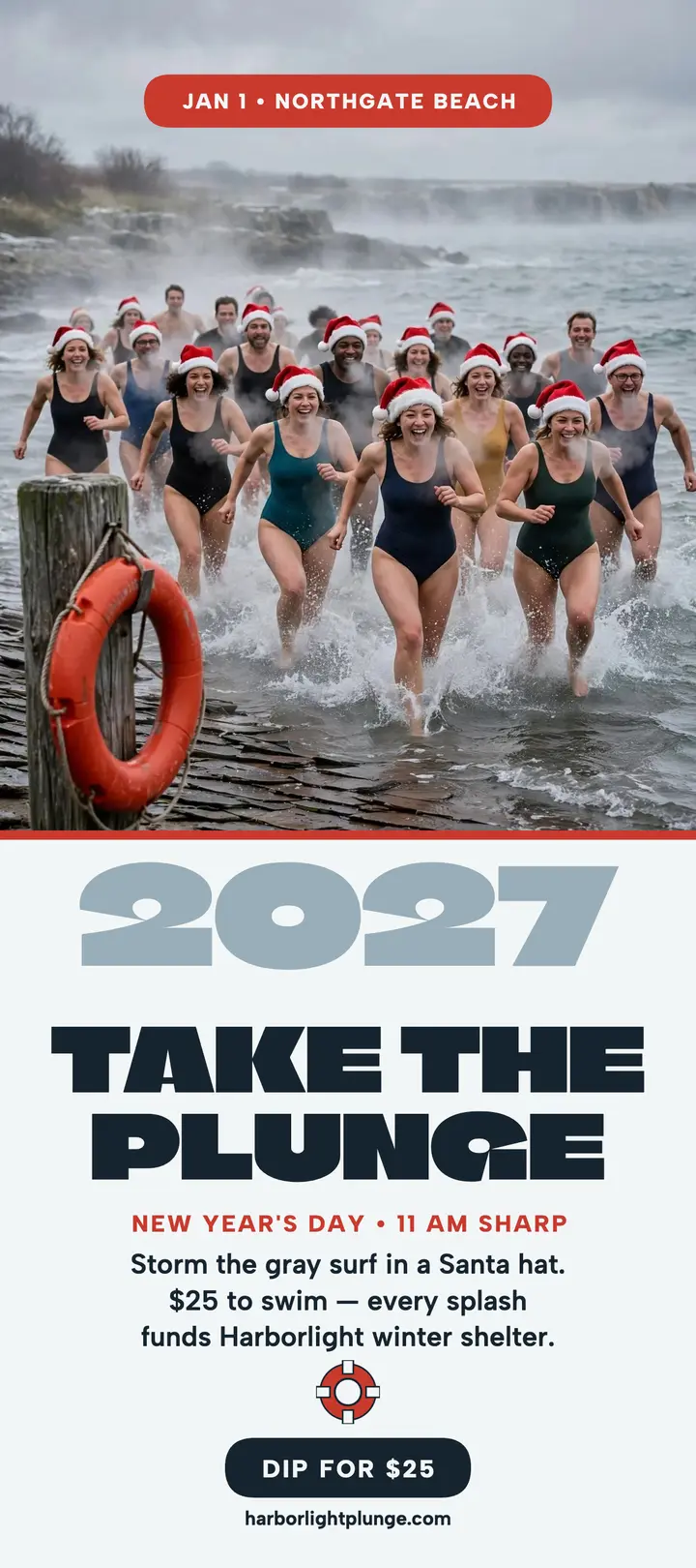 Harborlight New Year plunge card: polar plunge rack card template