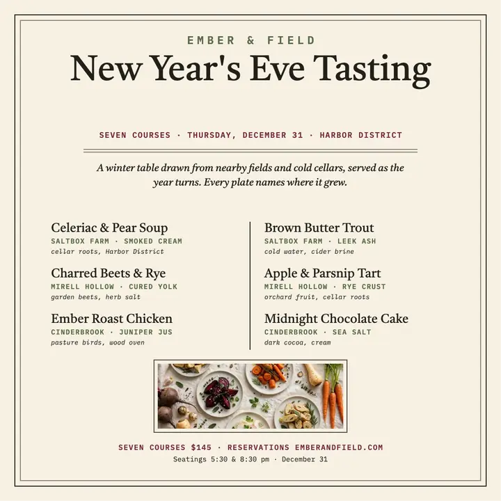 Ember and Field New Year tasting menu template
