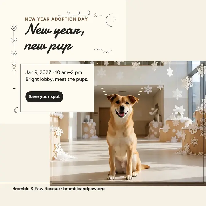 New Year pup adoption post, Bramble and Paw template