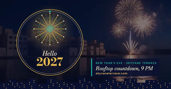 Hello 2027 rooftop countdown, firework burst: new year's eve party post template