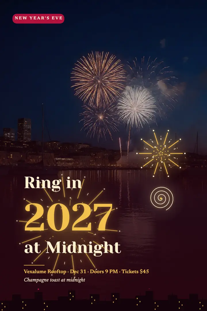 Vexalume Rooftop New Year's Eve countdown poster: new year's eve party poster template