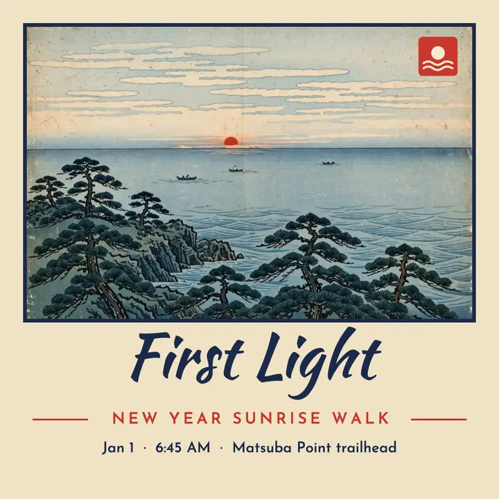 New Year sunrise walk post, ukiyo-e woodblock template