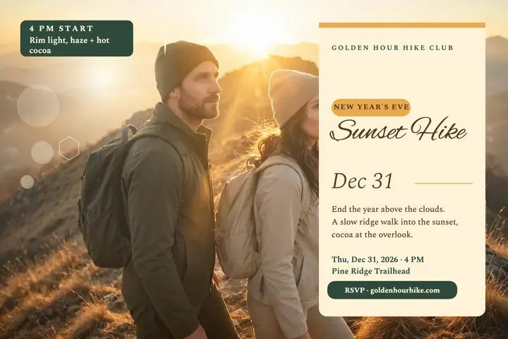 Golden Hour sunset hike New Year postcard: sunset hike postcard template