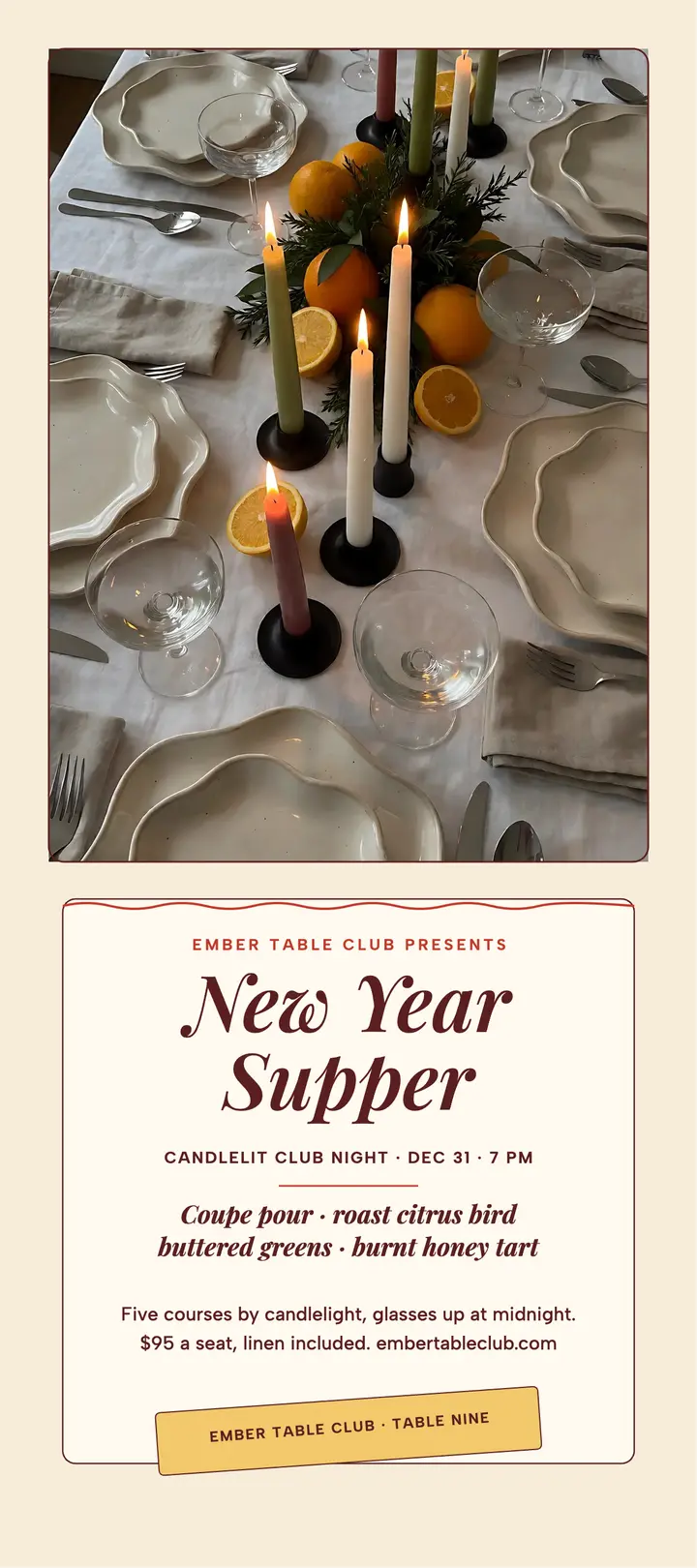 Ember Table Club New Year supper rack card: new year supper club card template