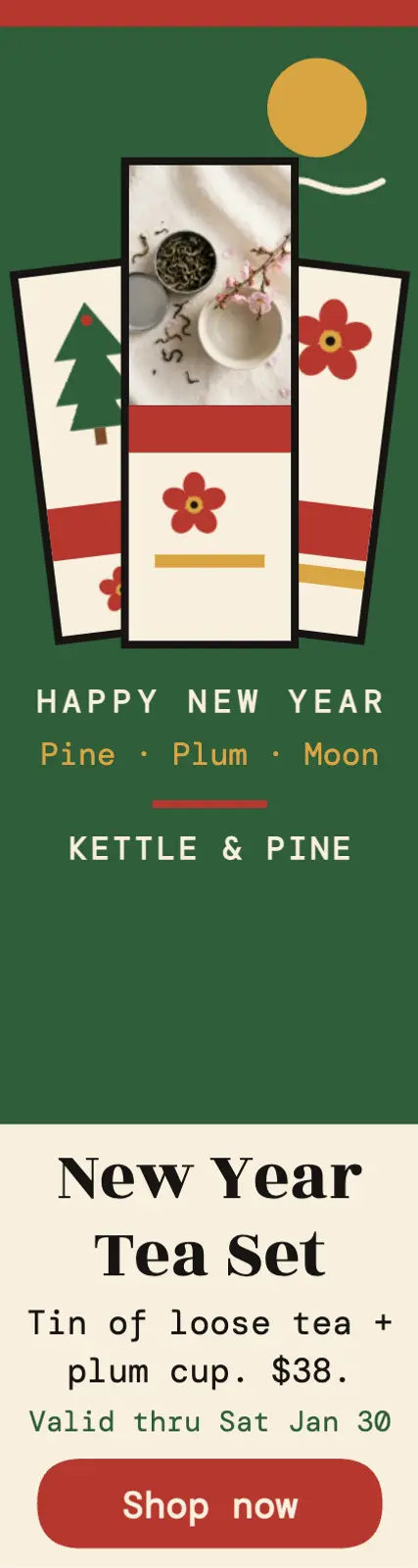 Kettle and Pine New Year tea hanafuda ad template