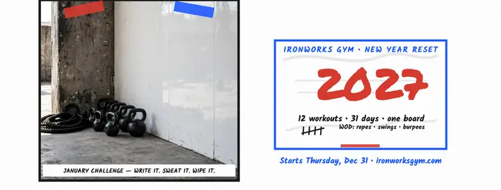 Ironworks Gym New Year Reset whiteboard cover template