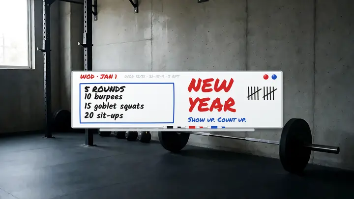 Ironworks New Year WOD whiteboard banner: new year gym banner template