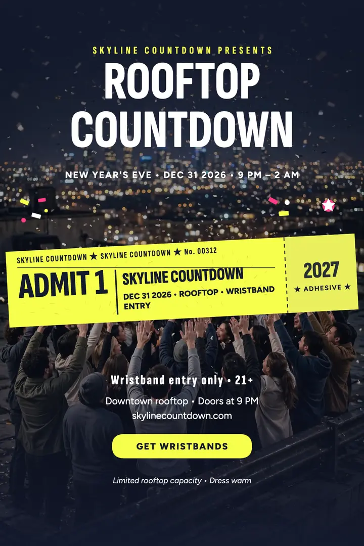 Skyline Countdown rooftop party poster: new year party poster template
