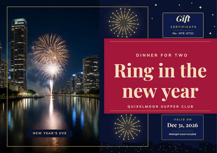 New Year's Eve dinner gift certificate, firework burst: new year's eve gift certificate template