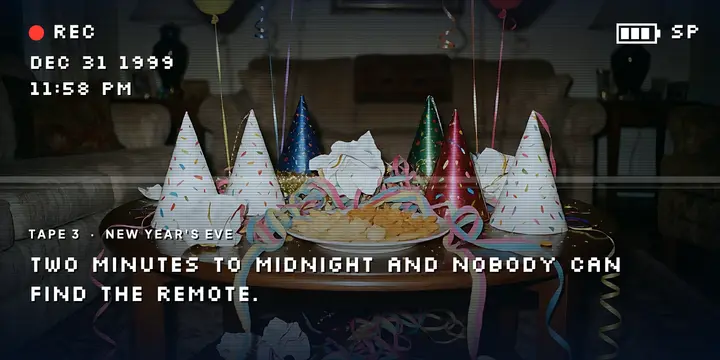 New Year's Eve 1999 home-video post, camcorder tape template