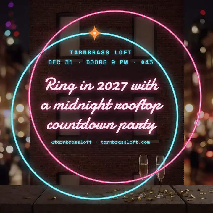 New Year's Eve rooftop countdown party, neon sign post template
