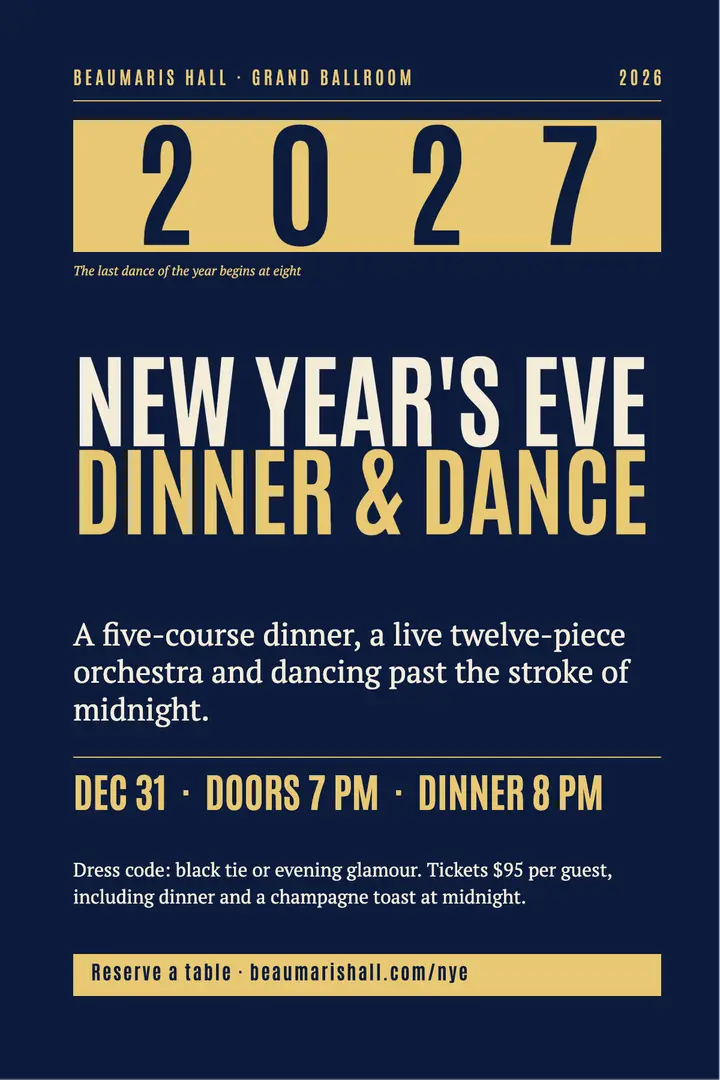 New Year's Eve dinner and dance poster, flush block type template