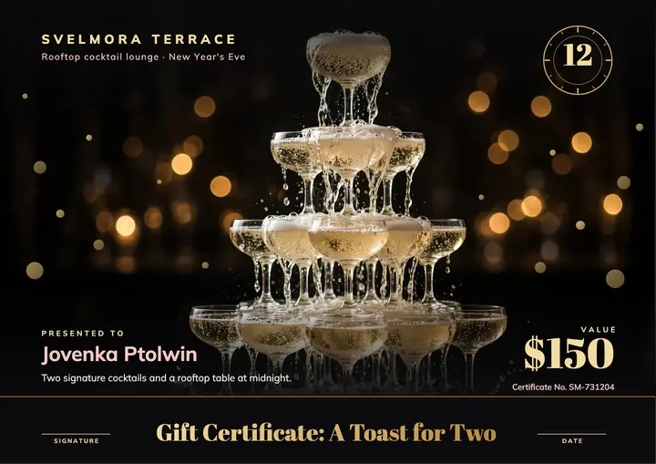 New Year's Eve gift certificate, a toast for two template