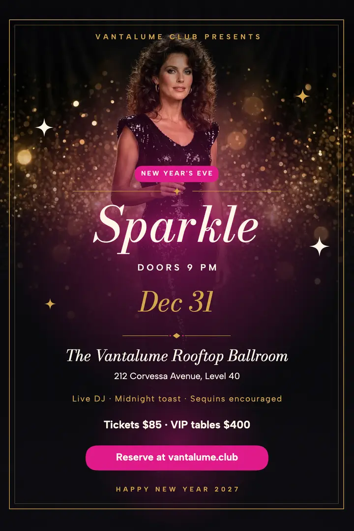 Vantalume New Year's Eve glam party poster: new year's eve party poster template