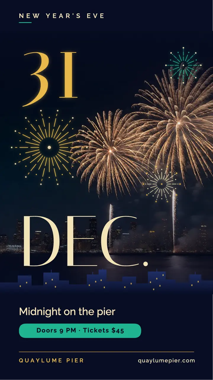 New Year's Eve countdown story, harbor pier party template