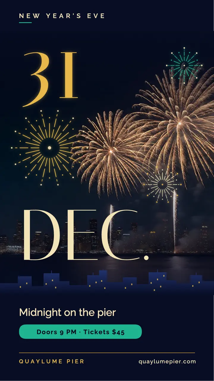 New Year's Eve countdown story, harbor pier party template