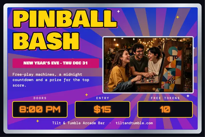 Tilt and Tumble pinball bash postcard template