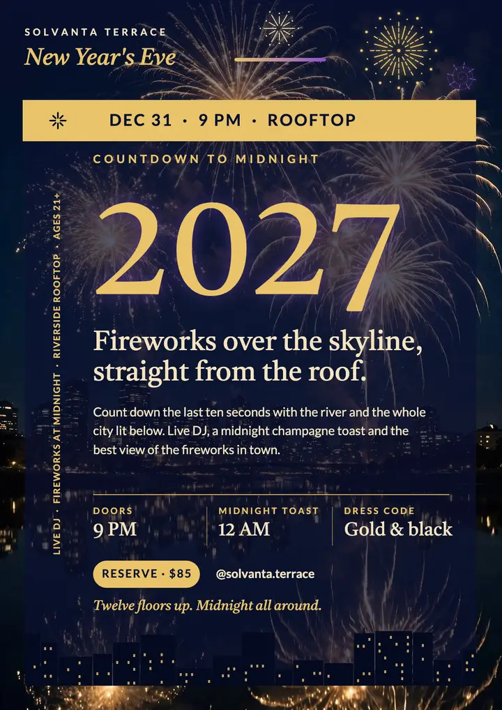 New Year's Eve rooftop countdown flyer, firework burst template