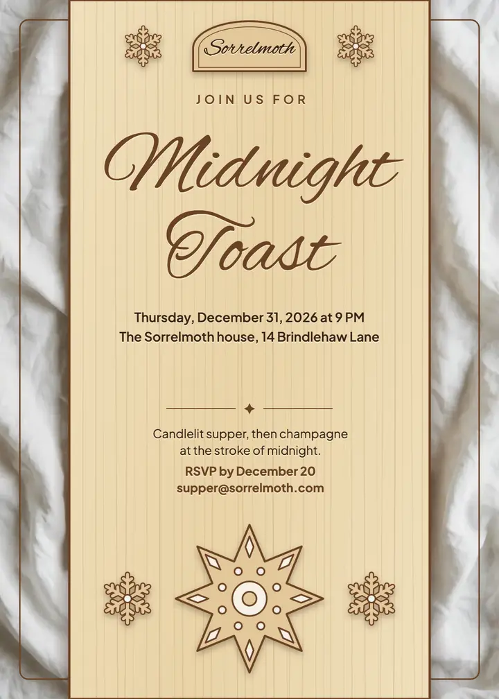 Midnight Toast New Year's Eve supper invitation, laser-cut wood template